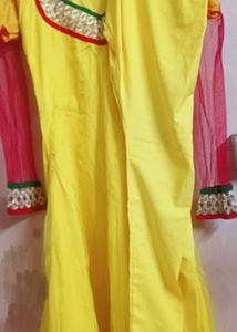 Yellow Net Frock With Churidar Pajama and dupatta