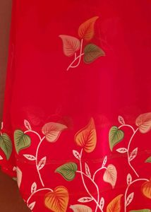 Red Leaf Print Saree with blouse piece unused