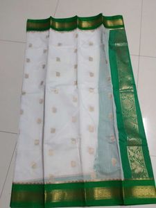 White With Green Cotton Saree..