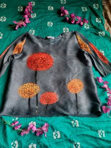Unique Floral Print Gray Blouse