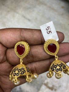 Red Stone Jhumka Earrings
