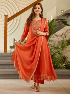 Women&#39;s Vichitra Silk Embroidered Flared Kurta wit