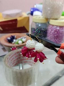Dark Pink Beaded Earrings