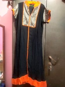 Long Kurti Orange And Black With GOlden Patch Work