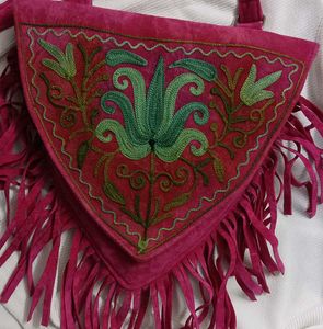 Pink  Vintage Suede Embroidered Fringe Bag