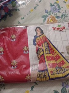 Pure Cotton Saree With Blouse Stitch..Puja Offer