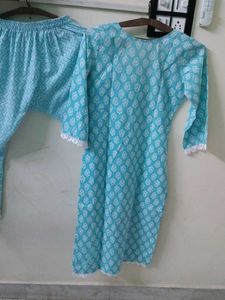 Sky Blue Printed Kurti Pant Set