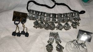 Choker Necklace and Earings Set + 2 Pair Jhumkas