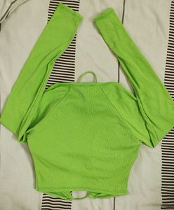 Imicoco Neon Green Ribbed Tie Up Crop Top