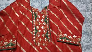 Party Wear Red & Gold Striped Embroidered Kurti