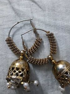 Gold Jhumka Earrings with Pearl Accents