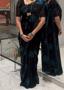 Embroidered Black &amp; Teal Blue Saree