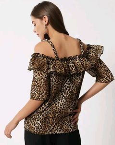Leopard Print Ruffle Cold Shoulder Top
