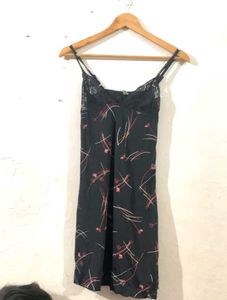 Black Flower Printed Nighty With Straps