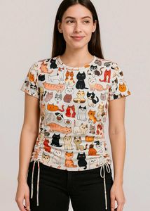 Cute Cat Print Tee with Side Ruching