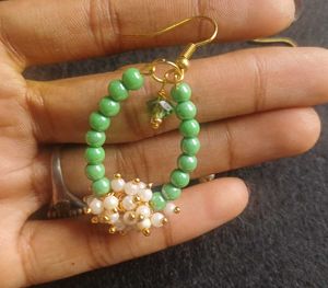 Green Beaded Hoop Earrings with Pearl Accents