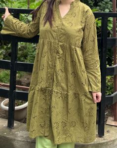 Olive Green Embroidered Tiered Dress