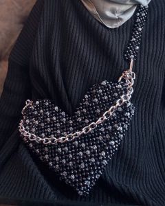 Heart shape Black And White Beaded Bag