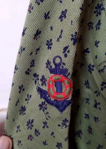 Olive Green Floral Print Shirt with Graphic Stitch