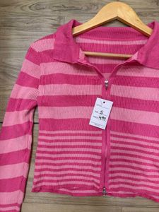 Pink Striped Zip-Up Cardigan