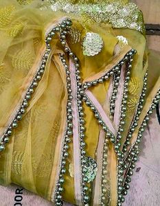 Partywear Golden Beaded Saree With Blouse