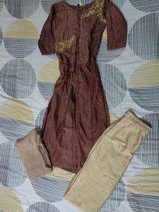 Brown Kurta Set With Golden Bottom And Dupatta