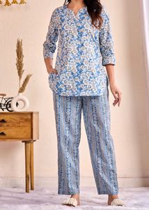 Blue Floral & Stripe Cotton Loungewear Set