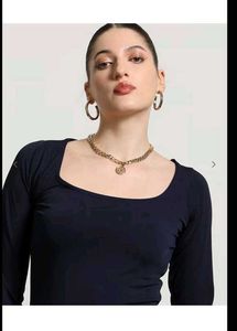 Shein  square neck navy blue Long Sleeve Top