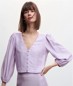 Mango Lavender Puff Sleeves Solid Crop Top