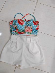 Floral Crop Top & White Shorts Set