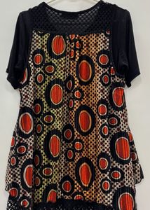 Black &amp; Multicolor Printed Net Layered Top