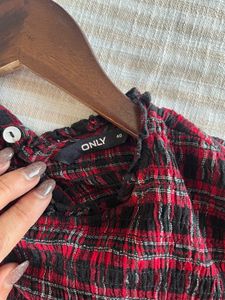 Plaid Ruffle Neck Long Sleeve Top By Only