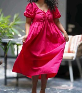 Pink Midi Sundress with Puff Sleeves
