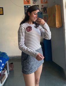 Striped Long Sleeve Top with Rose Detail