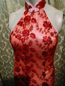 Red Lace Halter Qipao Dress