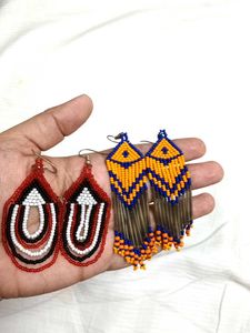 Set Of 2 Beaded Tassel Earrings - Handmade