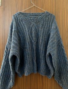 Blue Knit Cable Pullover Sweater