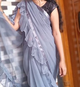 Gray Pleates Border Saree With Ready Blouse