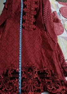 Red Velvet Pakistani Heavy Embroidered Kurta Set