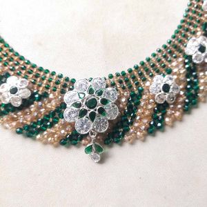 925 Silver Green&amp; Cream Beads Necklace