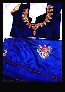 Blue Embroidered  silk Saree