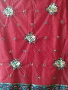 RED NET SAREE WITH BIG EMBROIDERED FLOWERS