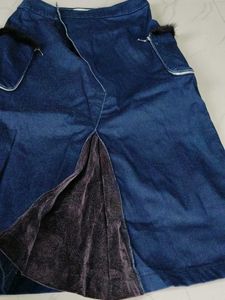 Unique Denim Skirt with Fur Pockets