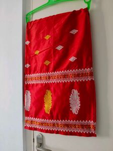 Red &amp; White Assamese Mekhala Chador(Without Blouse