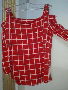 Red Grid Cold Shoulder Top
