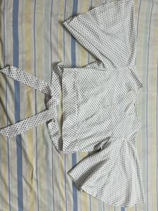 V Neck Polka Dot Front Tie Up Flared Sleeve Top