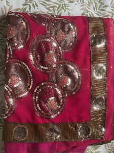 Pink &amp; Brown Sequin Saree with Blouse