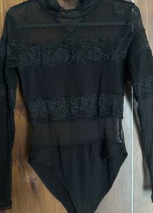 Black Bodysuit With Net And Lace Detailing