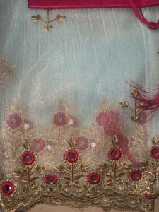 New With Blouse Elegant Blue &amp; Pink Saree