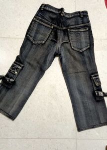 Vintage Washed Black Cargo Denim Capri